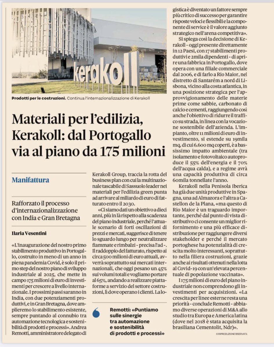 L’apertura di un nuovo stabilimento kerakoll all’avanguardia in Portogallo. Oggi intervista su <a href="/sole24ore/">IlSole24ORE</a>