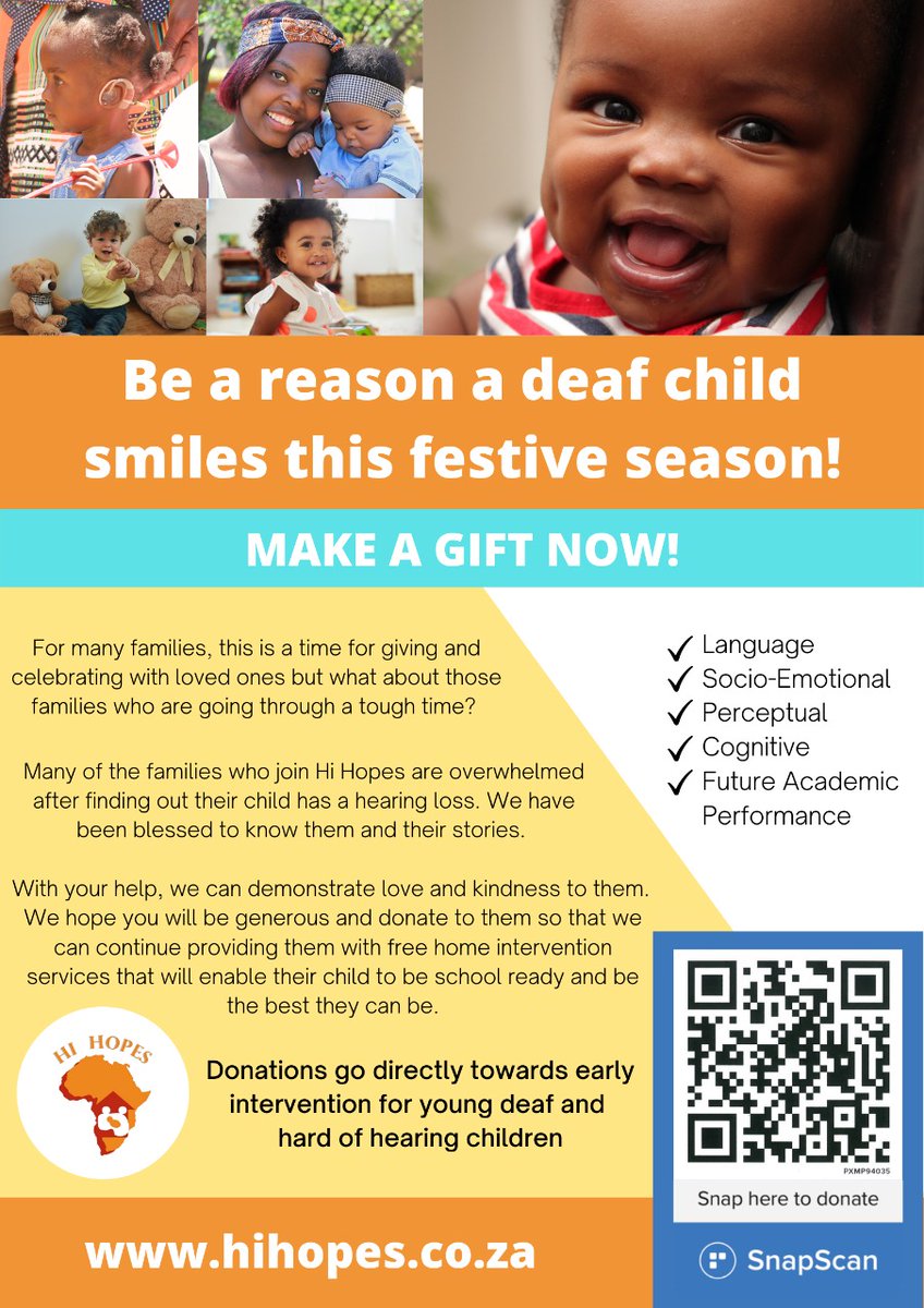 Be a reason a deaf child smiles this festive season! Make a gift now: devman.wits.ac.za/Devman/hihopes… 

#HiHopes #Donation #FestiveSeason #EarlyIntervention #Deaf #Baby #Child #Gift