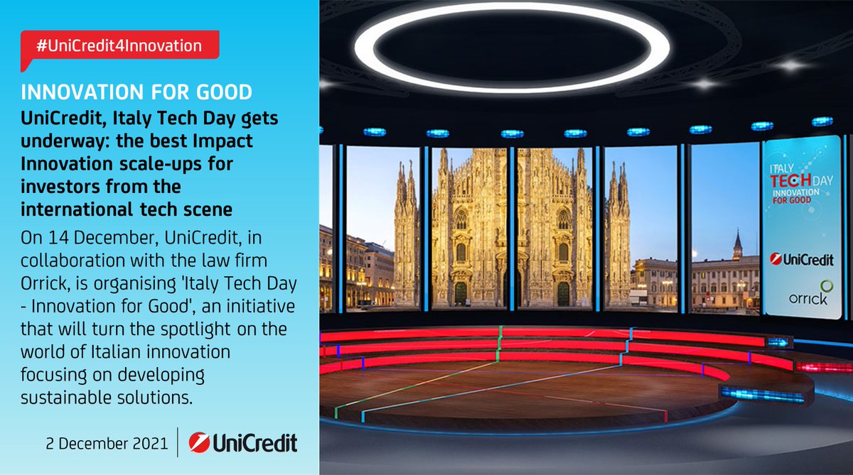 #UniCredit4Innovation: On 14/12, #UniCredit, in collaboration with <a href="/OrrickItaly/">Orrick Italy</a>, is organising #ItalyTechDay - Innovation for Good', putting the spotlight on Italian innovation with a focus on sustainable solutions. 🇮🇹 
📌#UniCredit4ESG
➡️unicreditgroup.eu/en/press-media…