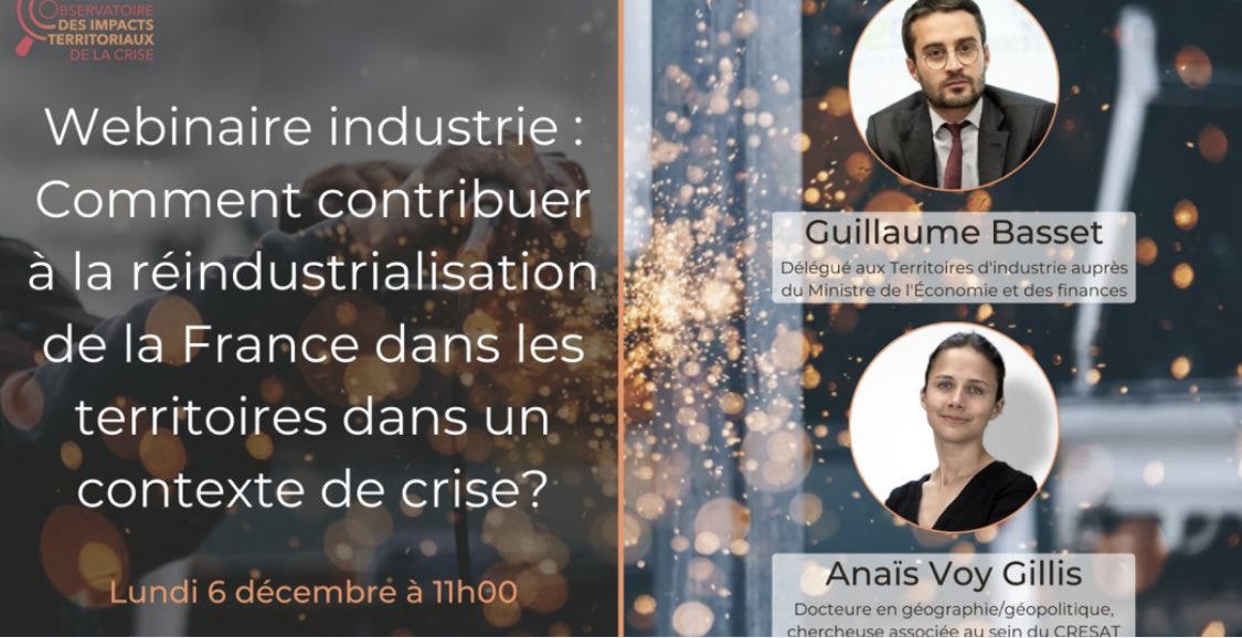Lundi prochain (6/12 à 11h) l’OITC organise un webinaire sur la #reindustrialisation de France après la crise de la #COVID19. J’y interviendrai au côté de G. Basset, délégué aux Territoires d’industrie 
Inscription et information: cutt.ly/5YyquTM #industrie #Environnement