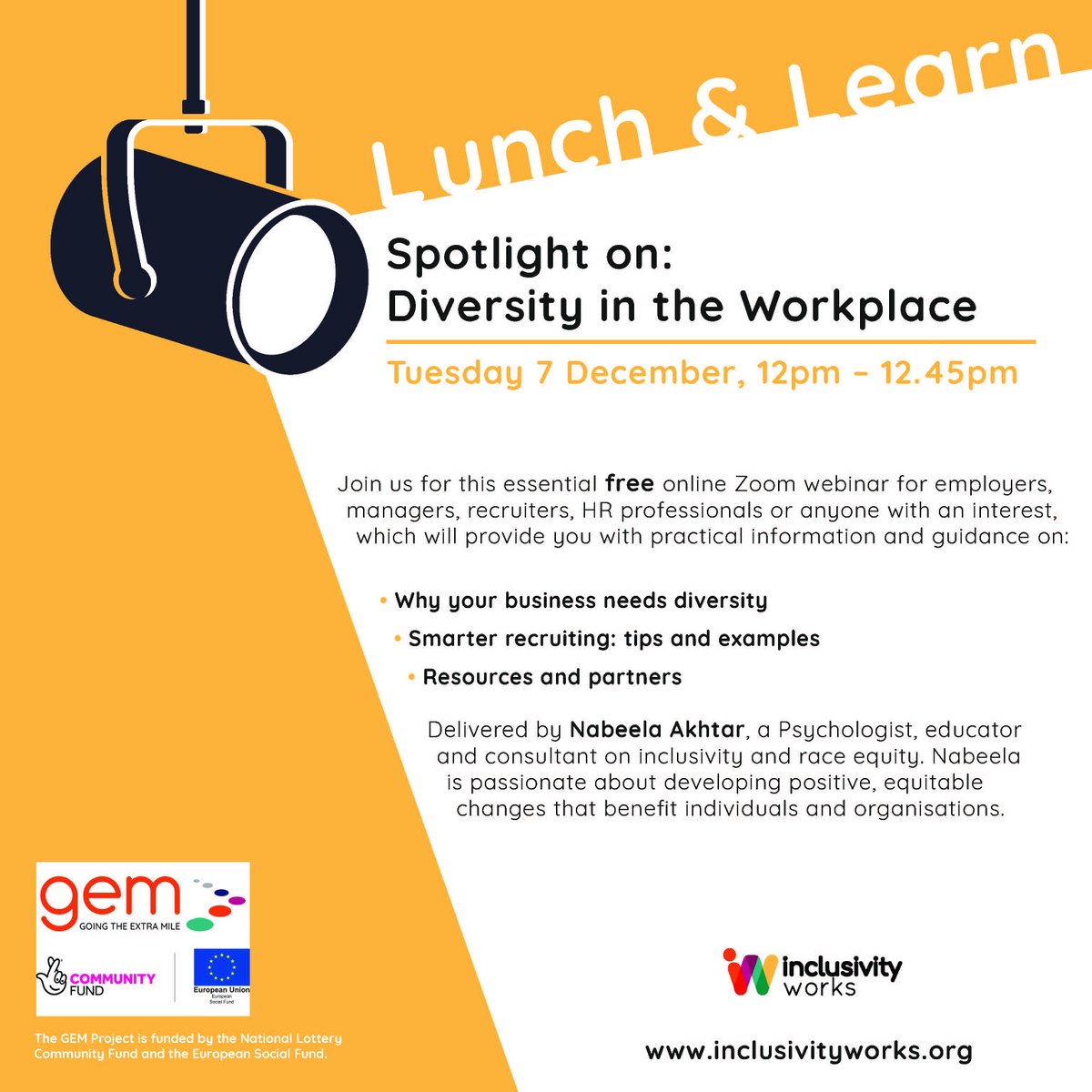 GEM_glos's tweet photo. Coming up next Tuesday, the final 'Lunch and Learn' of this series, focused on diversity in the workplace and presented with a previous GEM participant. You can still register here https://t.co/1H0NuNVV5O 

#Gloucestershire #hr #recruitment #diversity #inclusivityworks #GlosBiz https://t.co/rfPEZmfV8D
