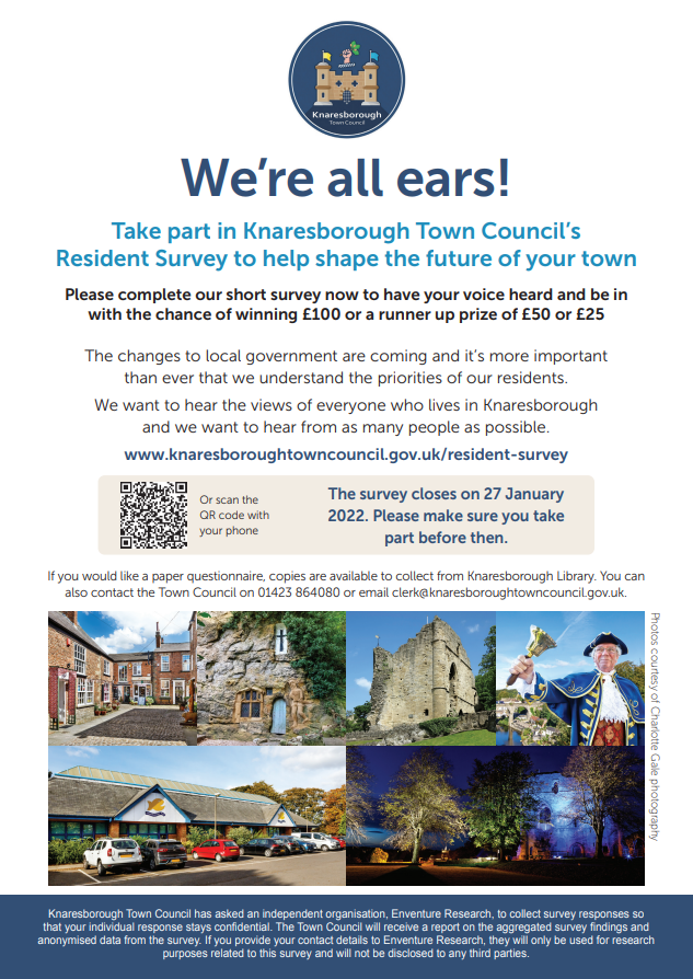 Knaresborough Town Council would like to hear from you!
Please follow the link below to complete the survey. 
knaresboroughtowncouncil.gov.uk/resident-survey