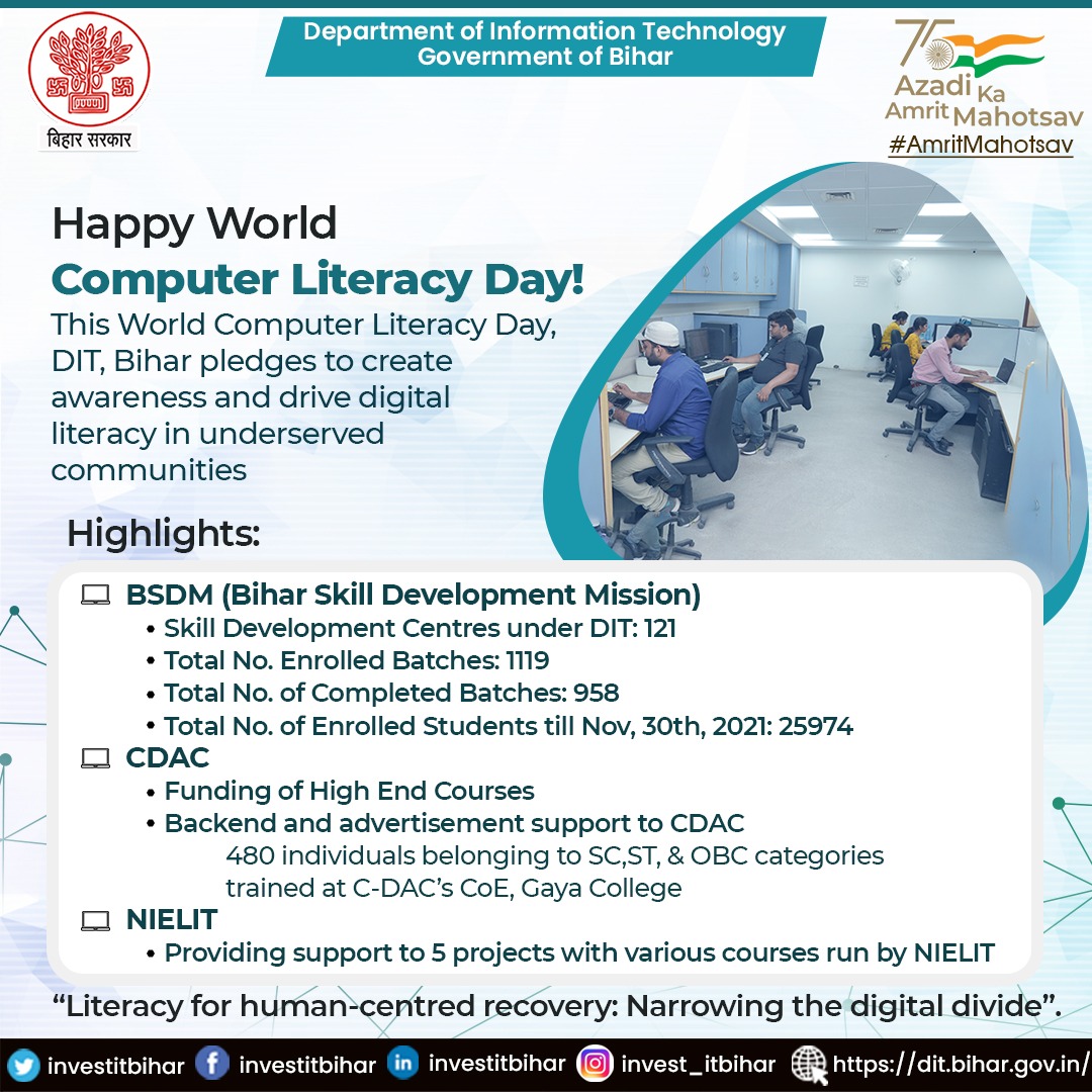 investitbihar's tweet photo. The Department of Information Technology, Government of Bihar, wishes everyone #HappyWorldComputerLiteracyDay. The Department of IT, Bihar pledges to create awareness and drive digital literacy in underserved communities.
#WorldComputerLiteracyDay https://t.co/VYq2YsjaJA