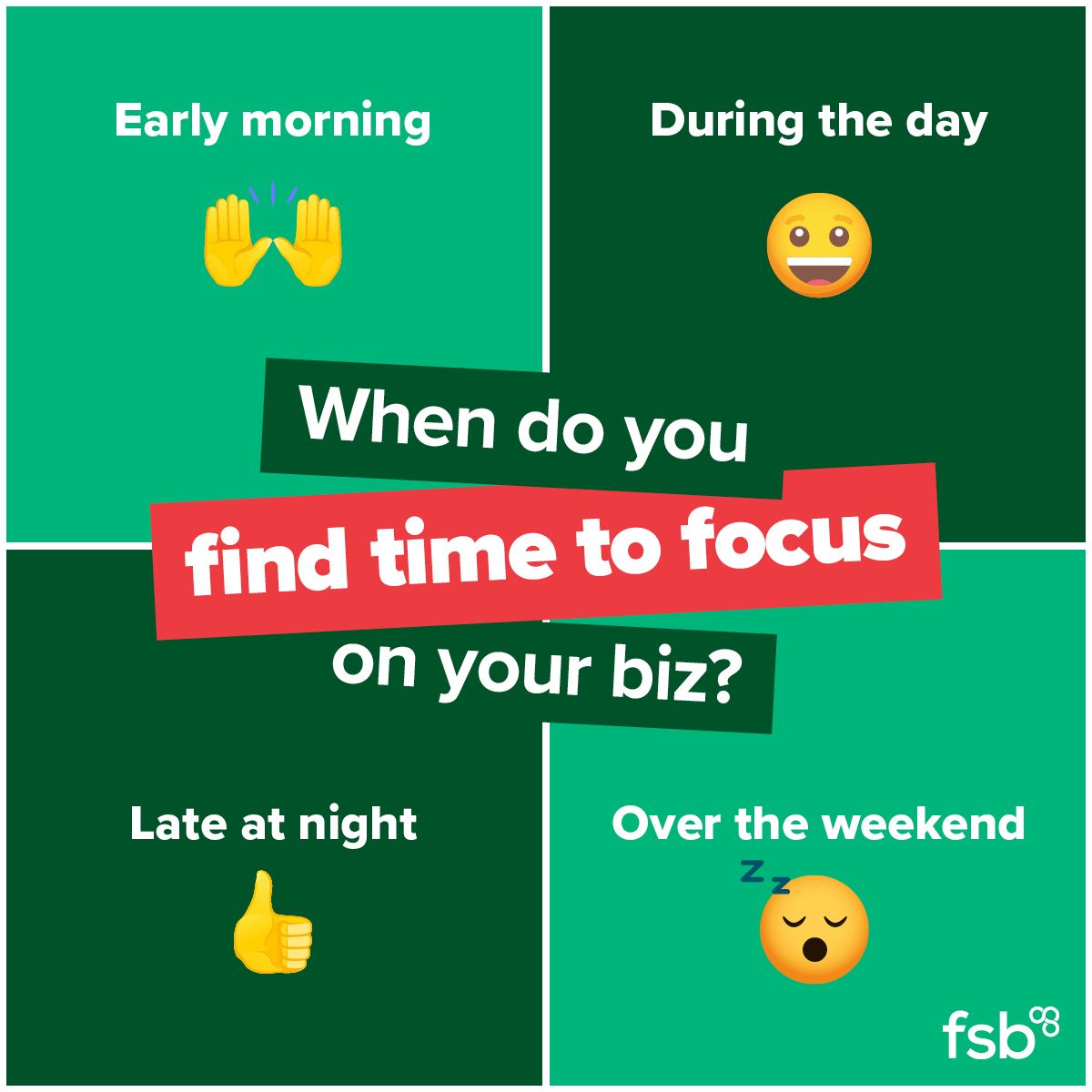 When running a small business, it can be difficult to make time to focus on future plans. When do you find the time to work on your biz? Let us know using the emojis! #FSBmemberDecember