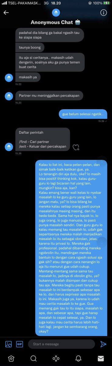 S (@seracphic) on Twitter photo <a href="/anonchat_bot/">Anonymous Chat 🤖</a> Halo, siapapun lo yang ada didalam percakapan ini, kalau lo ngira gue gak nyimak cerita lo secara serius, haha, enggak ya, gue lagi ngetik. Sorry ya gue lama ngetiknya. Tadi gue mau ngirim ini ke lo, tapi udah keburu lo skip <a href="/anonchat_bot/">Anonymous Chat 🤖</a> Halo, siapapun lo yang ada didalam percakapan ini, kalau lo ngira gue gak nyimak cerita lo secara serius, haha, enggak ya, gue lagi ngetik. Sorry ya gue lama ngetiknya. Tadi gue mau ngirim ini ke lo, tapi udah keburu lo skip