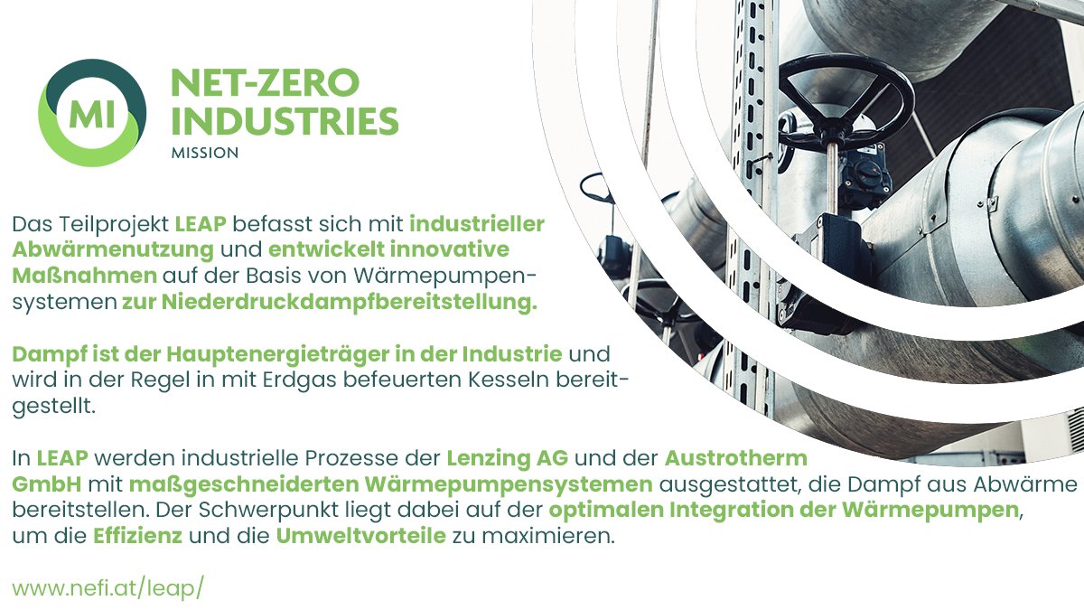 klimafonds's tweet photo. #Expertise aus Österreich für die #NetZeroIndustries - Mission: #Dampf ist der Hauptenergieträger in der Industrie und wird zumeist mit Erdgas bereitgestellt. Das #LEAP-Projekt (@NEFI_AT) stellt auf innovativem Weg Dampf aus #Abwärme bereit. ▶️https://t.co/9OCOQgCKyW #decarbonize https://t.co/esgSr1cAxI