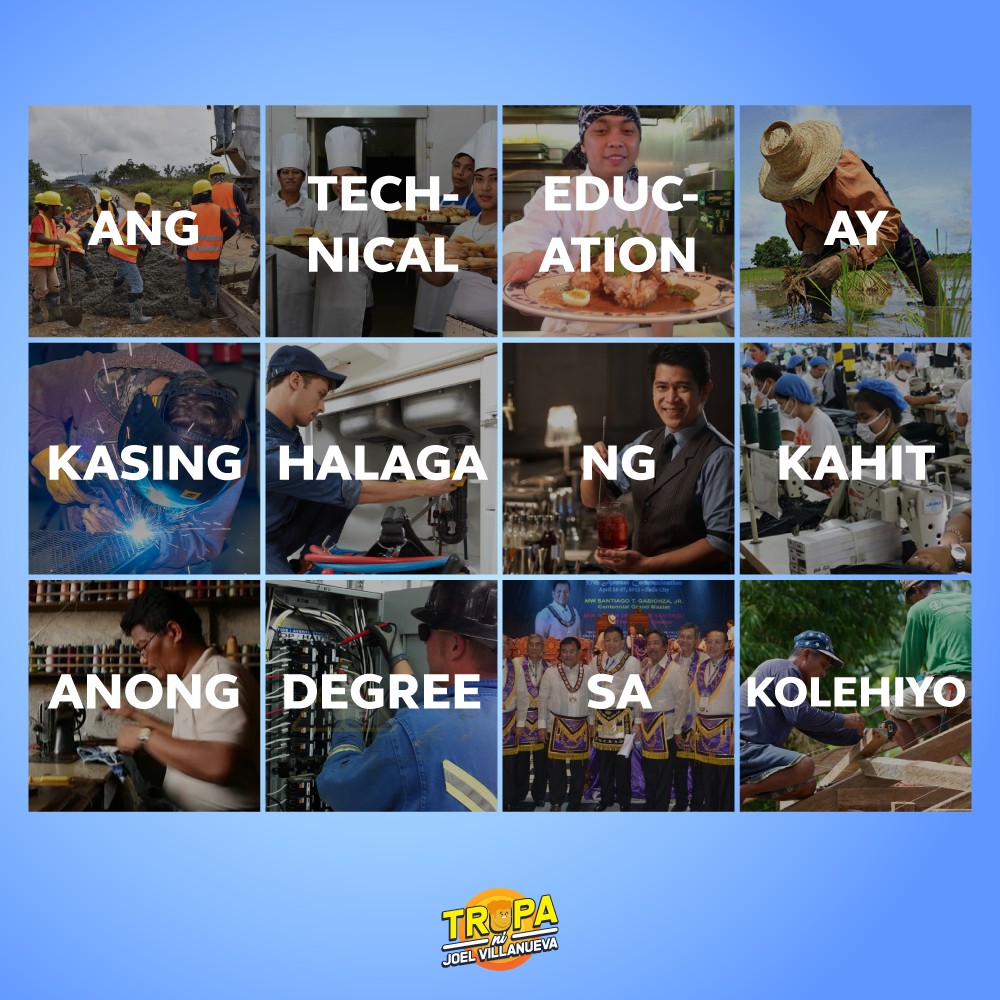 tropanijoelv's tweet photo. HINDI 👏 DAPAT 👏 MINAMALIIT 👏 ANG 👏 TECH VOC 👏

Kung isa kang #TechVoc graduate, be proud, katropa! 🙌👏 lengganyo mo rin ang kabataan na subukan ito para sure na makagraduate dahil sa mga scholarship ng gobyerno, sure pa ang trabaho pagkatapos 👨‍🎓✔️ #TropaNiJoelV #TESDAMAN https://t.co/ii2UM2lixu