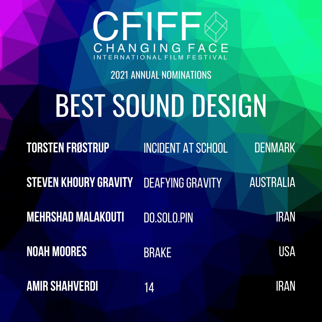 BEST SOUND DESIGN 2021 ANNUAL NOMINATIONS

You can view all the nominations here: changingfaceiff.org/2021-annual-no…

#cfiff #filmfestival #sounddesign