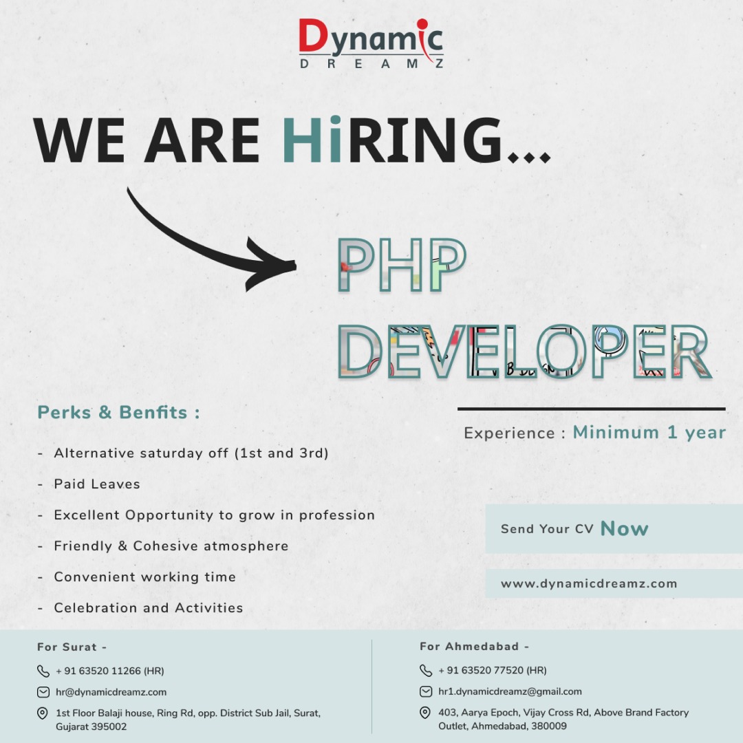 #dynamicdreamzwebsolutions #dynamicdreamz #phpdeveloperjobs #phpjobs #hiringdevelopers #recruiting #itjobsearch #itjobsinsurat #itjobsahmedabad