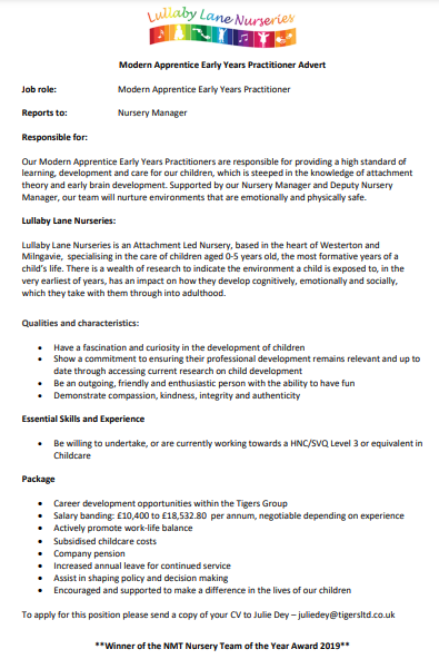 📢 VACANCIES ALERT
<a href="/lullabynursery/">Lullaby Lane Nurseries</a> is offering fantastic opportunities through <a href="/TIGERS_UK/">Tigers Group</a> for <a href="/TurnbullHS/">Turnbull High School</a> Seniors aspiring for a career in the Nursery/Child Care sector. 
Further information - apprenticeships.scot/vacancy-detail…

To apply, send your CV to Julie Dey juliedey@tigersltd.co.uk