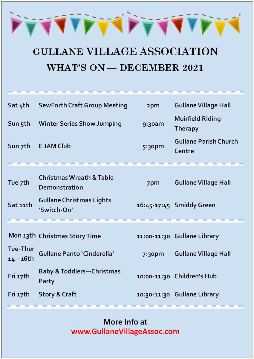 AssocGullane's tweet photo. What's On - December 2021
The intention is to highlight what's on in the Village monthly - we will include anything that is already in the GVA calendar (https://t.co/viQz71XJPz
) - but if you would like your event listed/added please email us at gullanevillageassoc@gmail.com https://t.co/k0aYOX78Bj