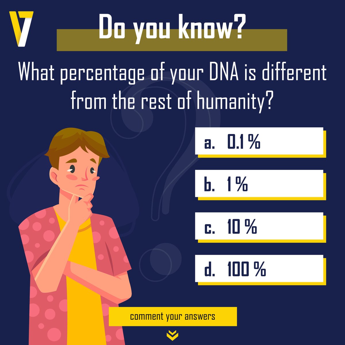 Verzeo1's tweet photo. How different are you from everyone else? Stay tuned for the answer.
#verzeo #everythinglearning #trivia #triviatuesday #triviaquiz #quiz #quizgame #quizquestions #dnafacts #sciencefacts #physicsfacts #geneticengineering #biologicalsciences #dnascience #biologynotes https://t.co/9nBUFsSVB5