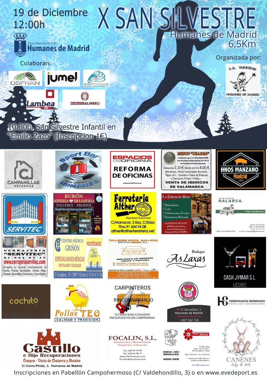 RunningHumanes's tweet photo. Este es el cartel de la X San Silvestre de Humanes.

Recuerda:
📅 -> 19 de diciembre
⌚-> 12:00
🏃🏻‍♂️🏃🏻‍♀️-> 6,5 kilómetros

Desde la organización queremos agradecer el apoyo de las empresas colaboradoras y patrocinadores que hacen posible la celebración de la carrera https://t.co/uBB8fFcRzA