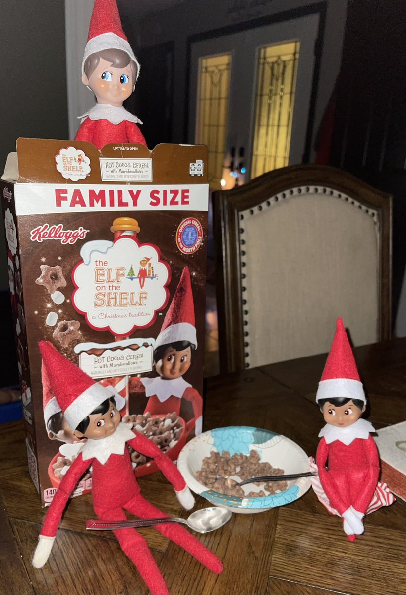 SymaChowdhry's tweet photo. Some elves were hungry!! I caught the trio eating this special cereal this morning! #Marcoelf #Aidenelf #Bellaelf #BAMelves #elfontheshelf #elfonashelf #dreamteam #elfteam #teamsanta #christmas https://t.co/lT1s0WCS74
