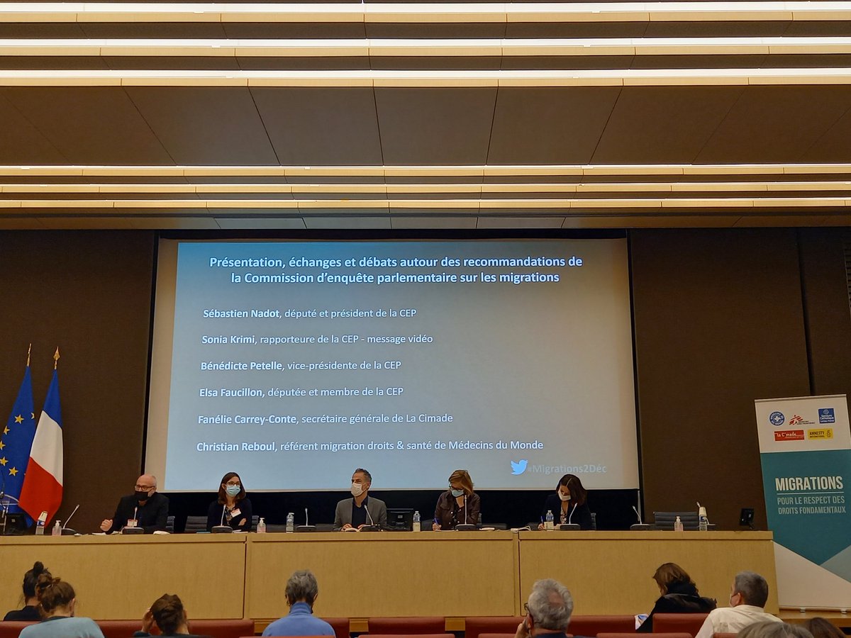 PresidenceM_EN's tweet photo. MP @Sebastien_Nadot, along with MPs of the @AssembleeNat: @Sonia_Krimi, @DeputeeBPetelle, @ElsaFaucillon, laid out the #recommendations on #migration #policies in the conference "Migration: From a Parliamentary Inquiry to Policies that Respect Fundamental Rights" 
#Migrations2dec https://t.co/cb3FgzKtw1