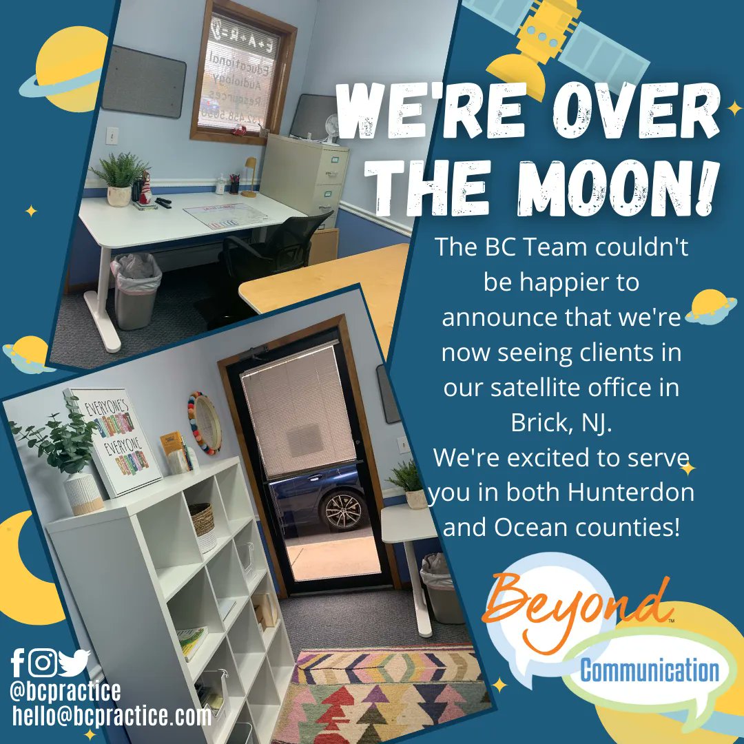 BCPractice's tweet photo. It's a Satellite! The BC Team is over the moon to start seeing students in our satellite location in Brick NJ. We're excited to have an option for a location closer to many of our clients. If our Lambertville, NJ office is too far, we hope we can see you in Brick, NJ l https://t.co/hwFJ6rInN3
