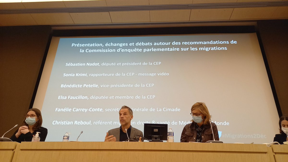 PresidenceM_EN's tweet photo. MP @Sebastien_Nadot, along with MPs of the @AssembleeNat: @Sonia_Krimi, @DeputeeBPetelle, @ElsaFaucillon, laid out the #recommendations on #migration #policies in the conference "Migration: From a Parliamentary Inquiry to Policies that Respect Fundamental Rights" 
#Migrations2dec https://t.co/cb3FgzKtw1