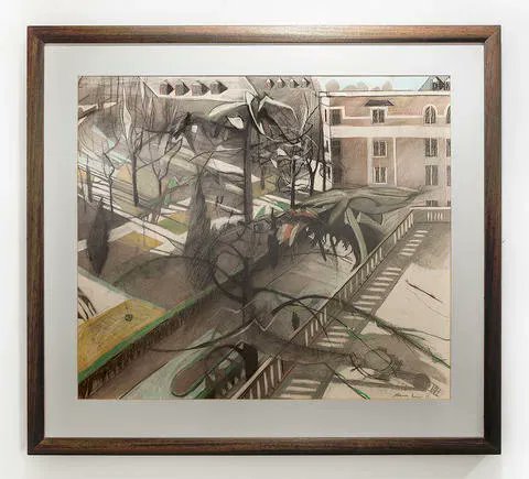 Today is the perfect crisp, sunny day to share this 1983 chalk drawing entitled "Wintry Sun, Paris", by <a href="/GSofA/">The Glasgow School of Art</a> alumna Maureen Binnie. Following her time at #GSA, Maureen gained a Greenshields scholarship to study in Paris. buff.ly/3piSdis NMC/0168 #chalk #sun #Paris