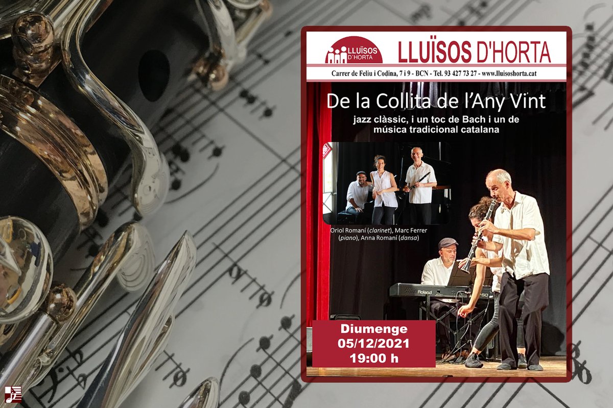 Dinsic's tweet photo. 📣 Nou concert de #jazz i de dansa, "De la collita de l'any vint", amb el #clarinetista i autor de la casa, Oriol Romaní; el pianista @marcferrermusic i la ballarina Anna Romaní.
🗓 5 de desembre
🕖 19:00 h
📍 Lluïsos d'Horta
Entrades, aquí! 👉 https://t.co/YQIIvaVn29 #Dinsic https://t.co/YKCvE9rpZ0