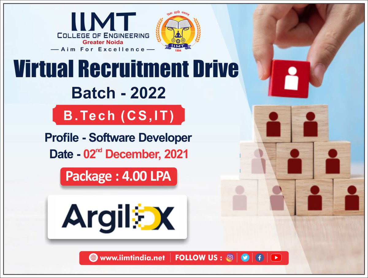 iimtnoida's tweet photo. IIMT Group of Colleges Greater Noida, Welcomes 'Argilox'
for Virtual Placement Drive ON 2nd December, 2021
Eligibility: B. Tech, CS/IT (Batch โ 2022)
Package: 4.00 LPA
https://t.co/UOh7RIsu8l
9717015300, 9911009144
#Placement #Argilox
#PlacementDrive #VirtualPlacementDrive https://t.co/0VuISOqFKY