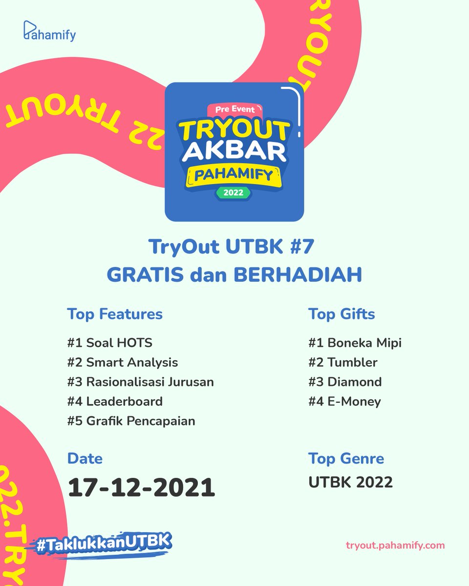 pahamify's tweet image. ✨ PENDAFTARAN TRYOUT UTBK 2022 #7 GRATIS DIBUKA! ✨

Yuk, maksimalkan peluangmu raih PTN impian dengan TryOut UTBK 2022 #7!

Pahamifren bisa ikutan TryOut UTBK #7 buat latihan soal-soal sebelum ikutan TryOut Akbar 2022 nanti, lho. GRATIS dan BERHADIAH! 🎁