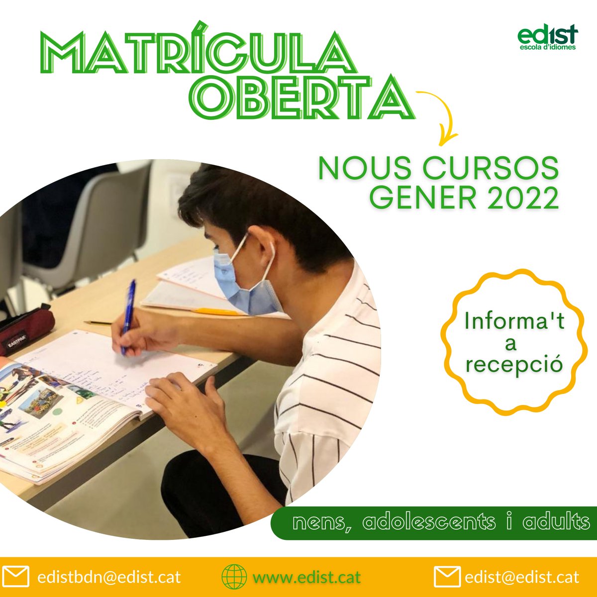 idiomesedist's tweet photo. 🟢Ja està obert el termini de matrícula pels cursos de gener🟢
🏃♂️No et quedis sense la teva plaça o sense l'horari que vols.
T'animes?🙌
#Edist #EdistIdiomes #EscolaIdiomes #Badalona #SantAdria #Languages #Idioms #LanguagesSchool #English #MatriculaOberta #CursosAnglès #Gener https://t.co/k0PpZ6H8LX