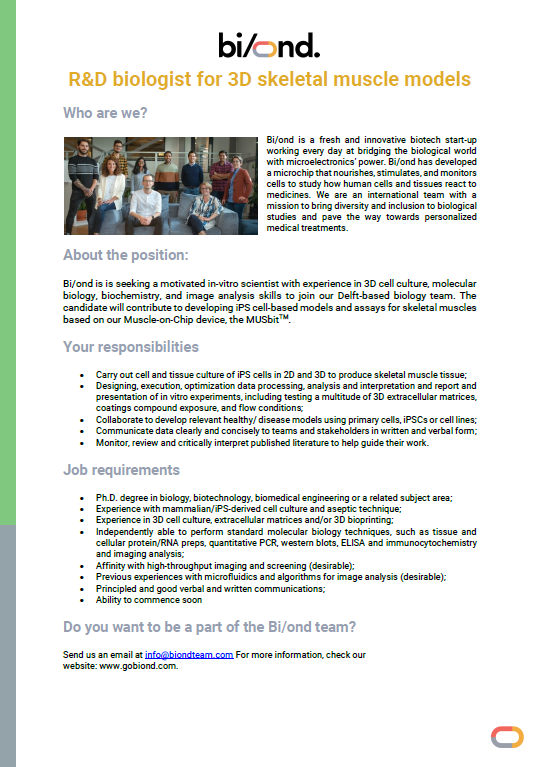 GOBIOND's tweet photo. We are looking for an R&amp;D Biologist who will work on 3D skeletal muscle models to join us.

Interested? Check the position specification below!
Or do you know of someone who might be interested? Share the vacancy with them!

📌 Apply via LinkedIn at:
https://t.co/L9U2Ob04E3 https://t.co/cIqg3vular