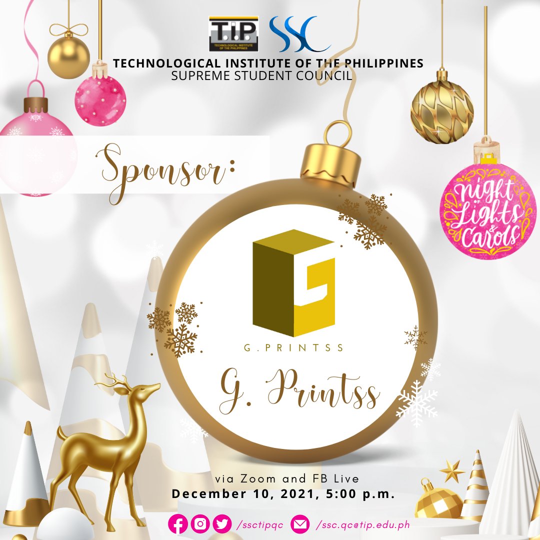 SSCTIPQC's tweet photo. Greetings, T.I.P.ians!
We would like to take this opportunity to introduce and thank our sponsors/partners in making this year’s Night of Lights and Carols celebration possible and more exciting.
We cannot wait to celebrate with you all!
#NLC2021Unites
#SSConnected
#SSCQuezonCity https://t.co/ARJNU301Yq