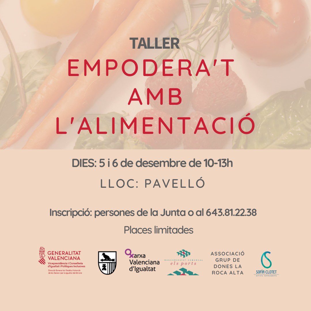 🧑‍🍳💜 5 i 6 de desembre “Taller Empodera’t amb l’alimentació” a #todolella 

.

🧑‍🍳💜 5 y 6 de diciembre “Taller Empodérate con la alimentación” a #todolella 

<a href="/_elsports/">Mancomunitat Comarcal Els Ports</a> 
@GVAinclusio