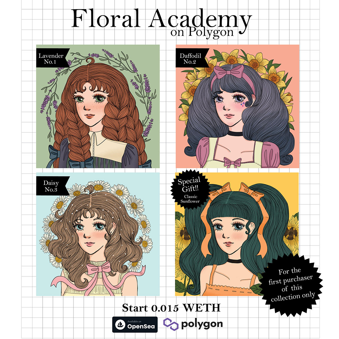 New collection on Polygon!!
drop tomorrow 5pmGMT+7

“Floral Academy” will be full of
unique girl and beautiful flowers with
90’s Japanese Manga vibes

the first purchaser of this collection 
will get “Classic Sunflower” for free!!
opensea.io/collection/flo…

#nftcollector #NFTs