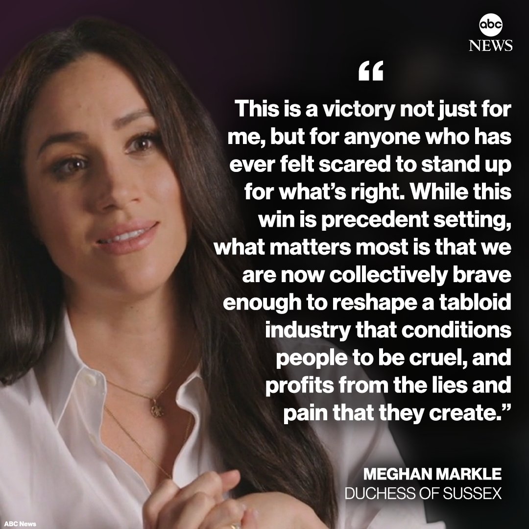 ABC's tweet photo. British court rules in favor of Meghan, Duchess of Sussex, dismissing a tabloid publisher's appeal to an earlier ruling that it breached her privacy by publishing parts of a letter she wrote to her now-estranged father. https://t.co/B7swKHG7L5 https://t.co/QResP1MSFV