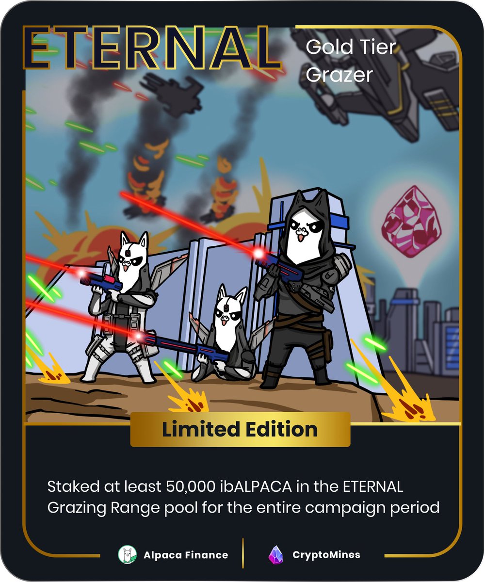 $ETERNAL-BNB leveraged yield farming is now live!

▶️ Open up to 2x leveraged position

🧑‍🌾 Stake ibALPACA for 471 $ETERNAL tokens

🃏 Stake by 3rd December 10 AM GMT to receive exclusive Grazing Range NFT cards

@CryptoMinesApp #nftart #NFT #Binance #BSC #BNB