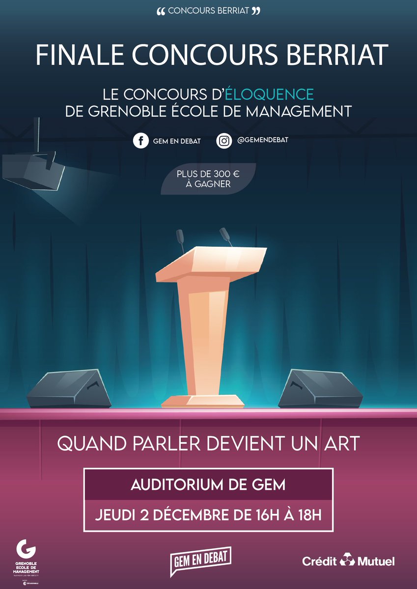Finale concours Berriat 2021 aujourd'hui !
GEM En Débat vous donne rendez-vous de 16h à 18h dans l'auditorium de GEM. N'oubliez pas d'arriver au moins 30 minutes en avance !
Il n’est pas trop tard inscrivez-vous via ce lien :collecte.io/concours-deloq…