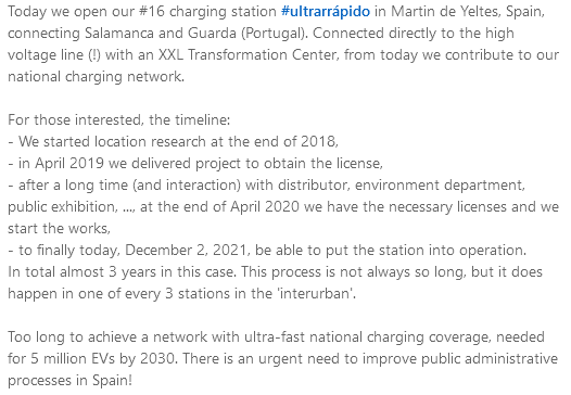 electricfelix's tweet photo. @turkkano @IONITY_EU @electromaps Well it's easy to judge from the sidelines. 
Quoting @AllardSell here:
#linkedin 
#constructiontime
#spain
#IONITY
#infrastructure
#fastcharging
⚡️⚡️⚡️ https://t.co/hQloFw0CKr