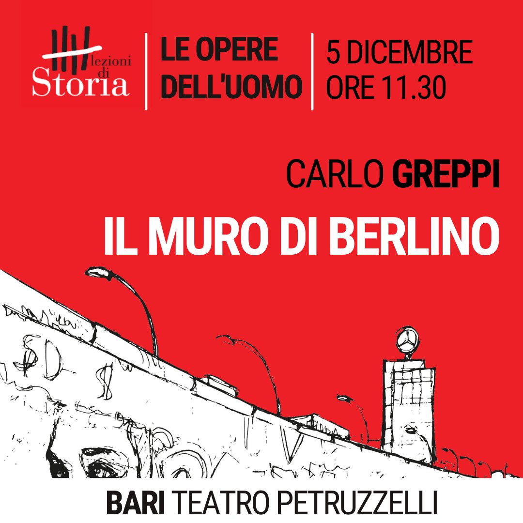 Due giornate a Bari per @carlogreppi!
🗓️ 4 dicembre, ore 18.00 | Presentazione di 'Il buon tedesco' al <a href="/MuseocivicoBari/">Museo Civico Bari</a> con Pasquale Martino
🗓️ 5 dicembre, ore 11.30 |  lezione di storia 'Il muro di Berlino' al <a href="/teatropetruzzel/">Teatro Petruzzelli</a>