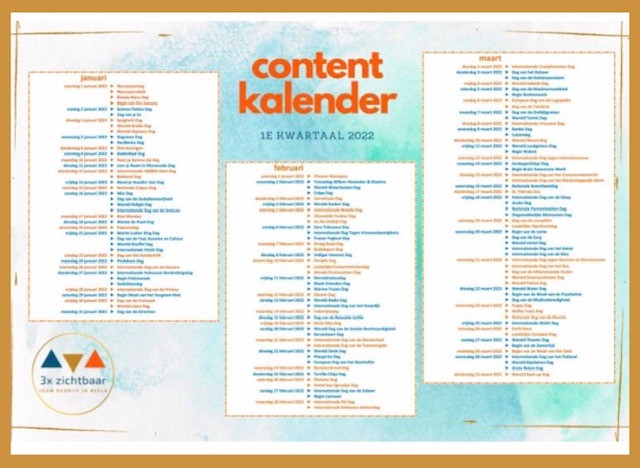 Kun je wel wat hulp gebruiken bij het verzinnen van content? Wij hebben op onze site een content kalender geplaatst voor heel 2022. Doe er je voordeel mee!
3xzichtbaar.nl/downloads/

#content #socialmedia #fotografie #linkedin #3xzichtbaar