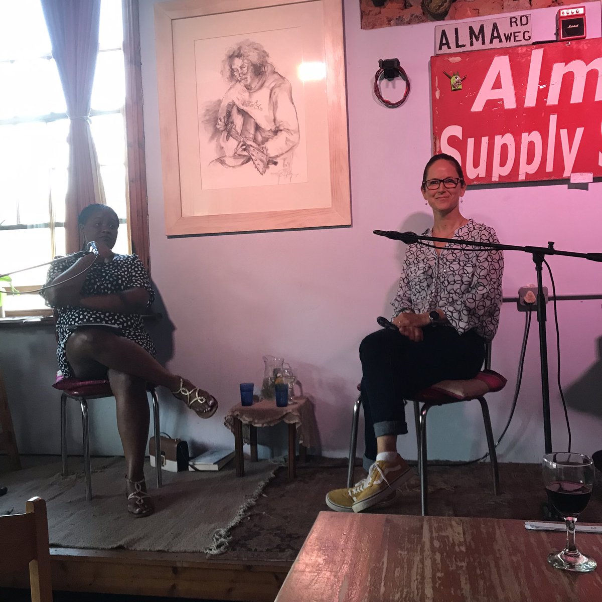 PennyHaw's tweet photo. What a fun @KaravanPress launch at The Alma Cafรฉ with @sammikoalareads in conversation with author @MissyVolker about #ThePoolGuy last night. Iโve put the book near my pool to try and lure Wyatt around. Or maybe I will simply read it. ๐ https://t.co/QKOlGq2GP0
