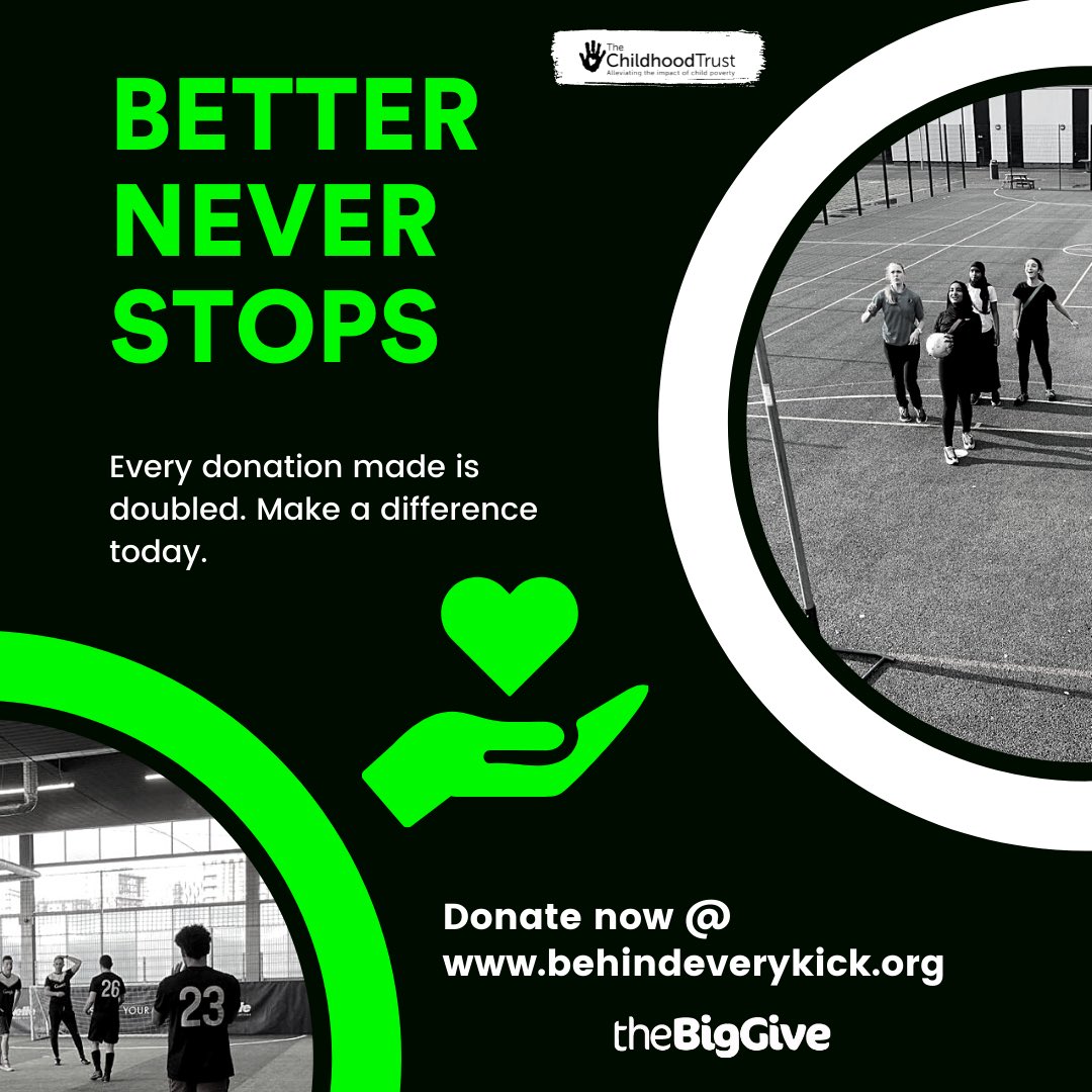 BehindEveryKick's tweet photo. Better Never Stops. At Behind Every Kick, our goal is to better the future of young people in the most positive way possible. Over the course of the next four days, every donation is doubled, meaning that you can make an amazing difference to a young person’s life. https://t.co/BaTHkaUdU8