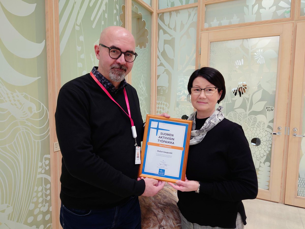 Oulun kaupungille Suomen Aktiivisin Työpaikka -sertifikaatti #Oulu Lue lisää tiedotteestamme: ouka.fi/oulu/ajankohta…