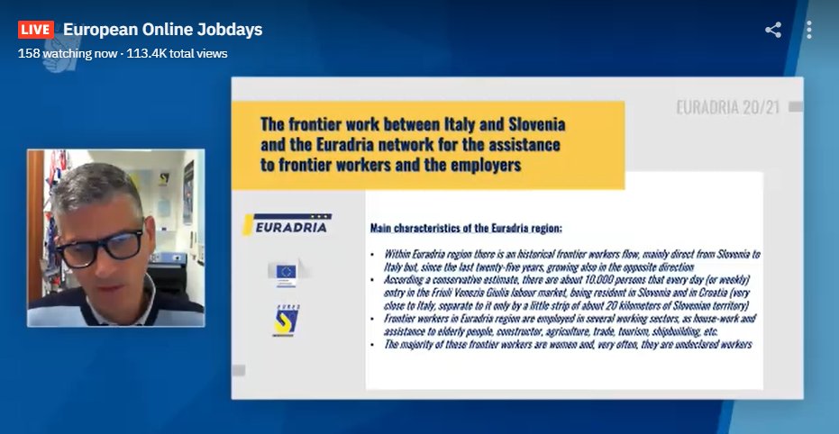 EuresFVG's tweet photo. 🔴 #LiveStreaming now: #EuradriaProject at the #EuropeanJobDay!
Being a #frontier #worker is not easy and there are many problems to overcome: languages, different legislations and protections systems. #Euradria works to break down the obstacles to mobility! https://t.co/eoBHtP0xpE