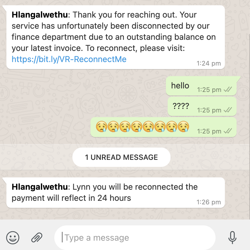 LynnDrey's tweet photo. @webafrica Hi, ok, how long will i have to wait for reconnection? Your call centre agent just gave me bad news via Whatsapp - please tell me i don't have to wait another day?  Why did it not go through in the first place - everything was in order. :( https://t.co/JpTCNxw4kz