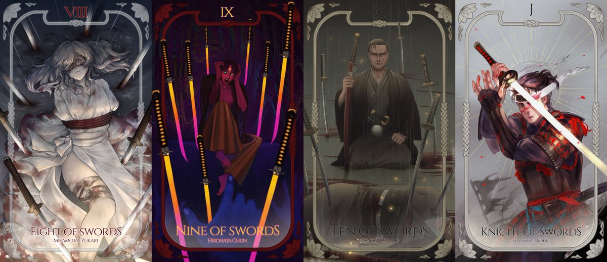 gnb_yata's tweet photo. #GNBxTarot

The Tarot Minor Arcana: Swords

Three of Swords.
Six of Swords.
Seven of Swords.
Eight of Swords.
Nine of Swords.
Ten of Swords.
Knight of Swords. https://t.co/8z9Y3zQbBJ