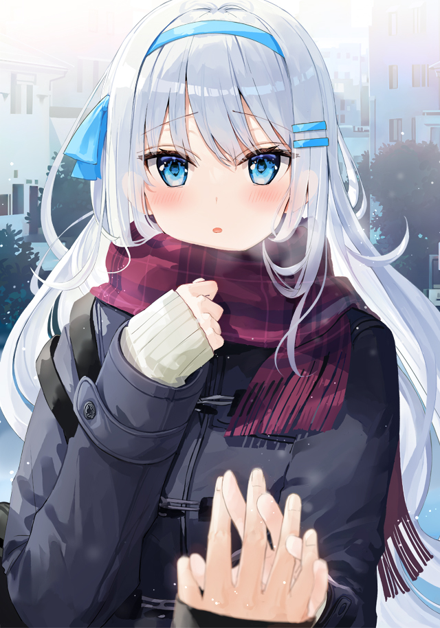1girl scarf blue eyes long hair red scarf blush looking at viewer  illustration images