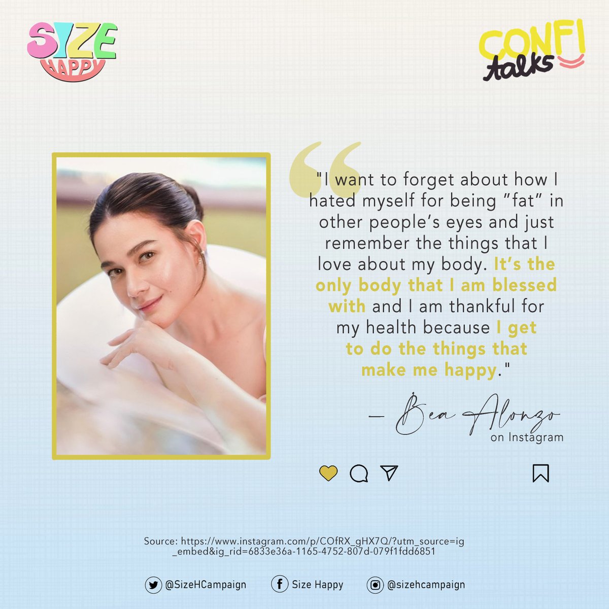 SizeHCampaign's tweet photo. Look here! Bea Alonzo has something for you.

Focus on the things that you love about your body. Never ever let society and the media tell you that you're supposed to look a certain way to be BEAutiful.

Celebrate diverse bodies! Celebrate being you! ♥ https://t.co/uBufctRHCo
