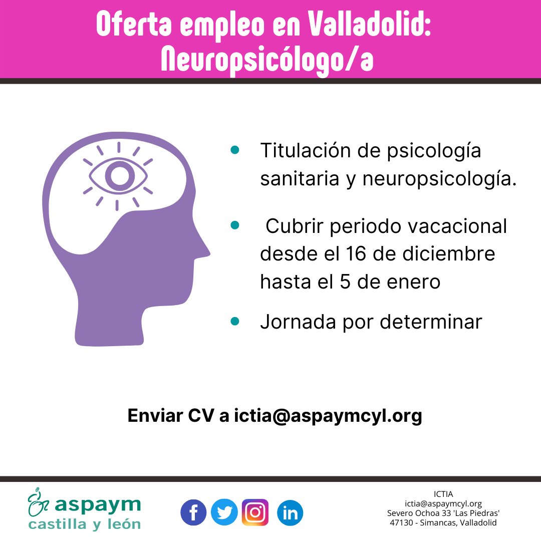 ¡Estamos buscando para trabajar en nuestro centro una persona con titulación en neuropsicología y psicología sanitaria para cubrir periodo vacacional del 16 de diciembre hasta el 5 de enero!

Puedes enviar tu CV a ictia@aspaymcyl.org o ayudarnos a difundir.