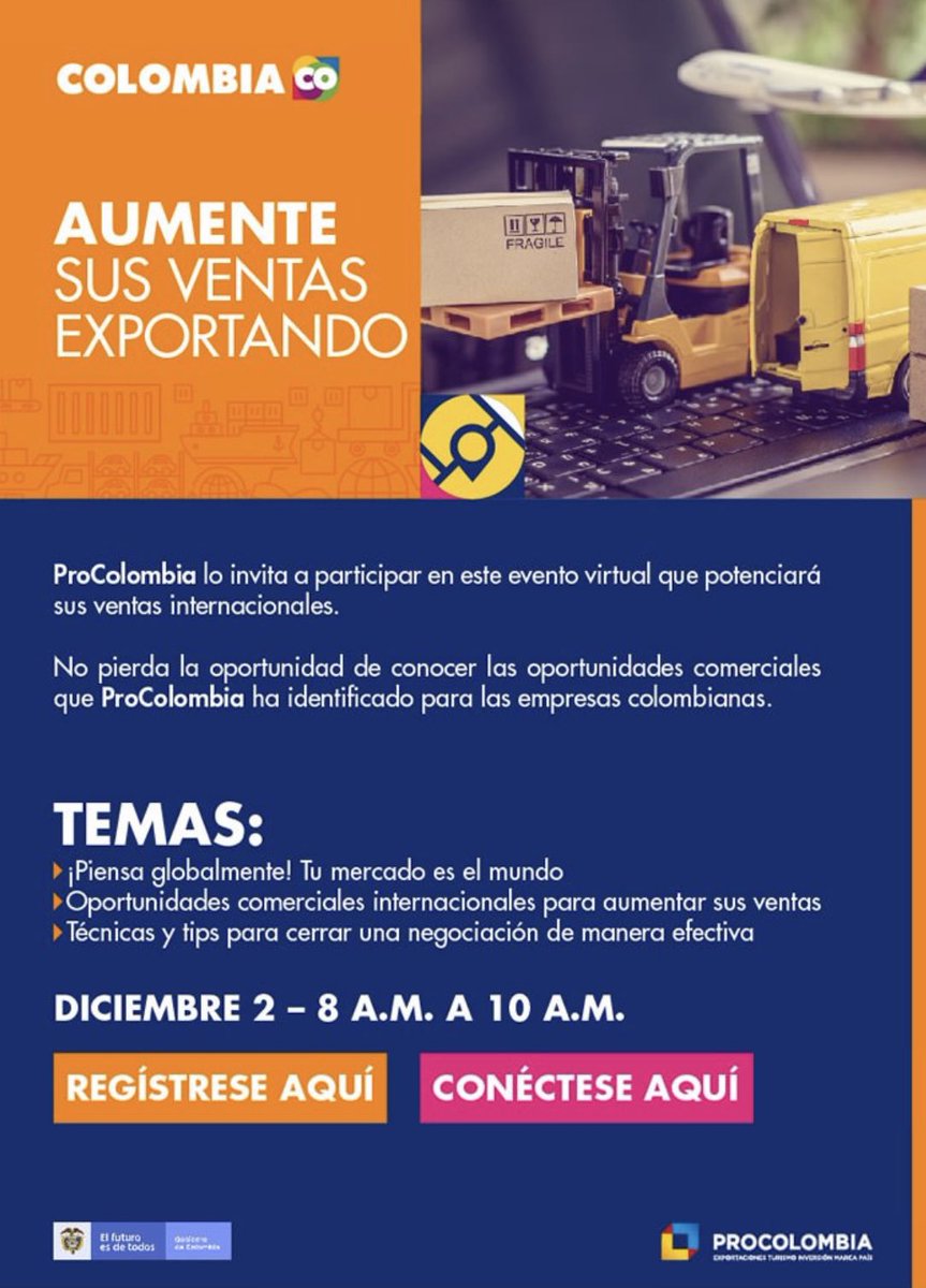 julyaragon85's tweet photo. #AEstaHora | Más de 1.000 empresarios conectados en vivo con @PROCOLOMBIACO  conociendo las oportunidades de exportación identificadas para qué más empresas Colombianas inicien su 2022 exportando. Link evento https://t.co/DcsRF0XPdc https://t.co/0N9xQYX2yM