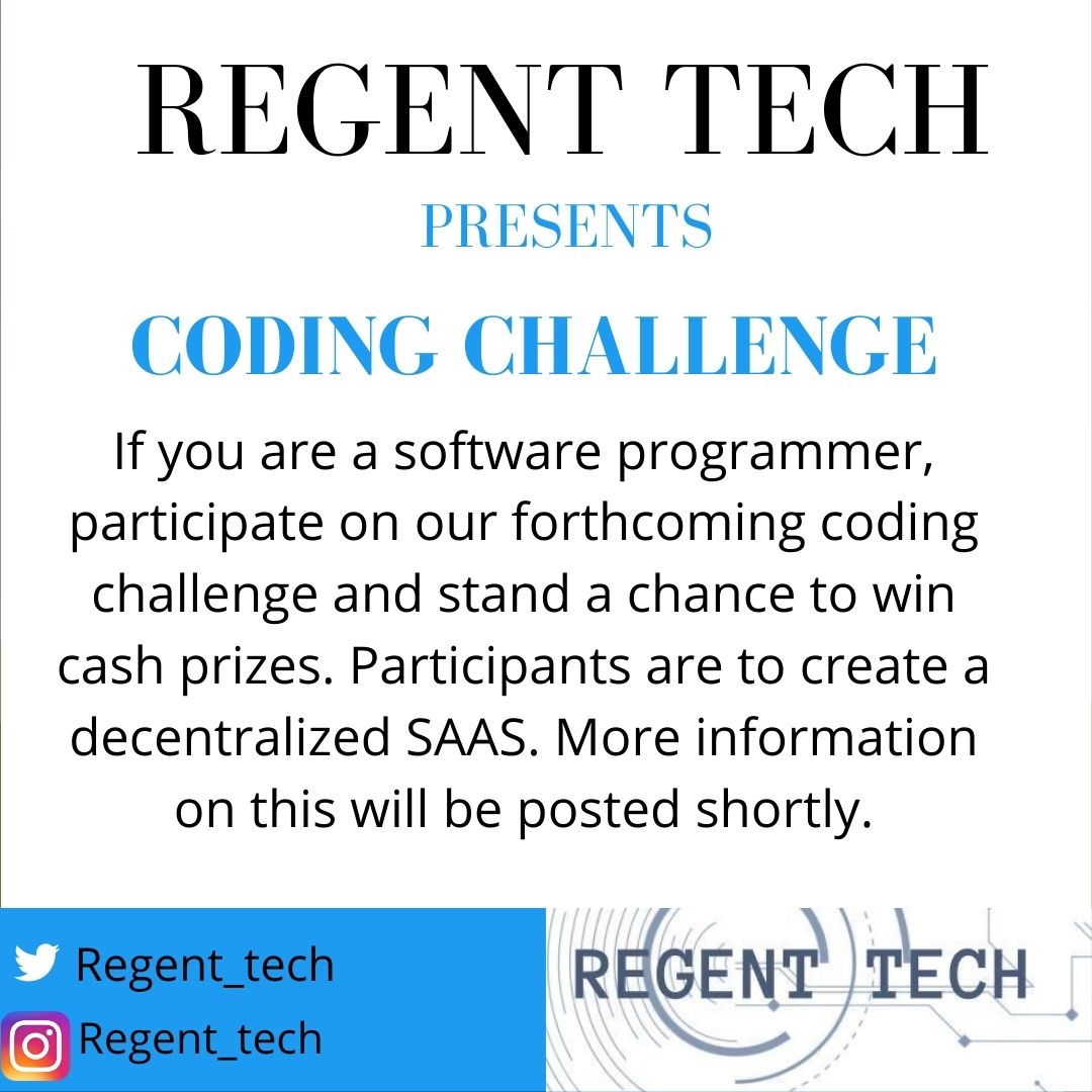 Regent_Tech's tweet photo. Time to showcase your software programming skills and win something from it. Please do join our forthcoming Coding challenge!
#RegentTech #SierraLeone #SaloneTwitter #tech https://t.co/eLotFMkKDJ