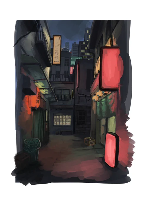 背景こんな感じで結構描いてますちょっと悪い若者が集まる夜の繁華街的なの描いてたはずがいつの間にか仕事終わりの会社員とかが飲み歩いてそうな街になってたのでボカして誤魔化してますおかしいなあ 