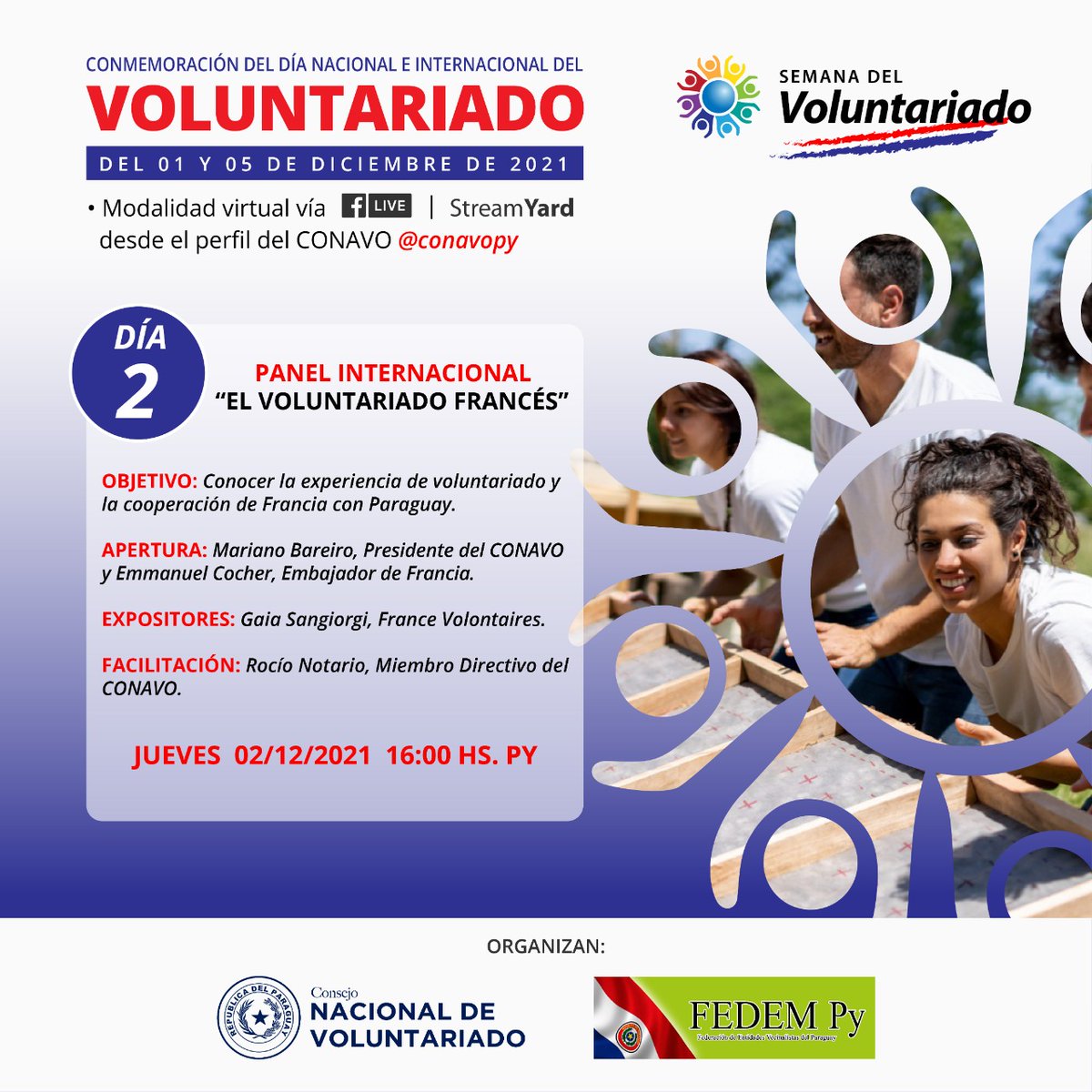 ConavOpy's tweet image. [DÍA 2] Panel sobre EL VOLUNTARIADO FRANCÉS
Conocer la experiencia de voluntariado y la cooperación de Francia con Paraguay. A cargo de Gaia Sangiorgi France Volontaires.
16:00H Py. A través de Facebook Live.
#Voluntariado #Paraguay #CONAVOpy