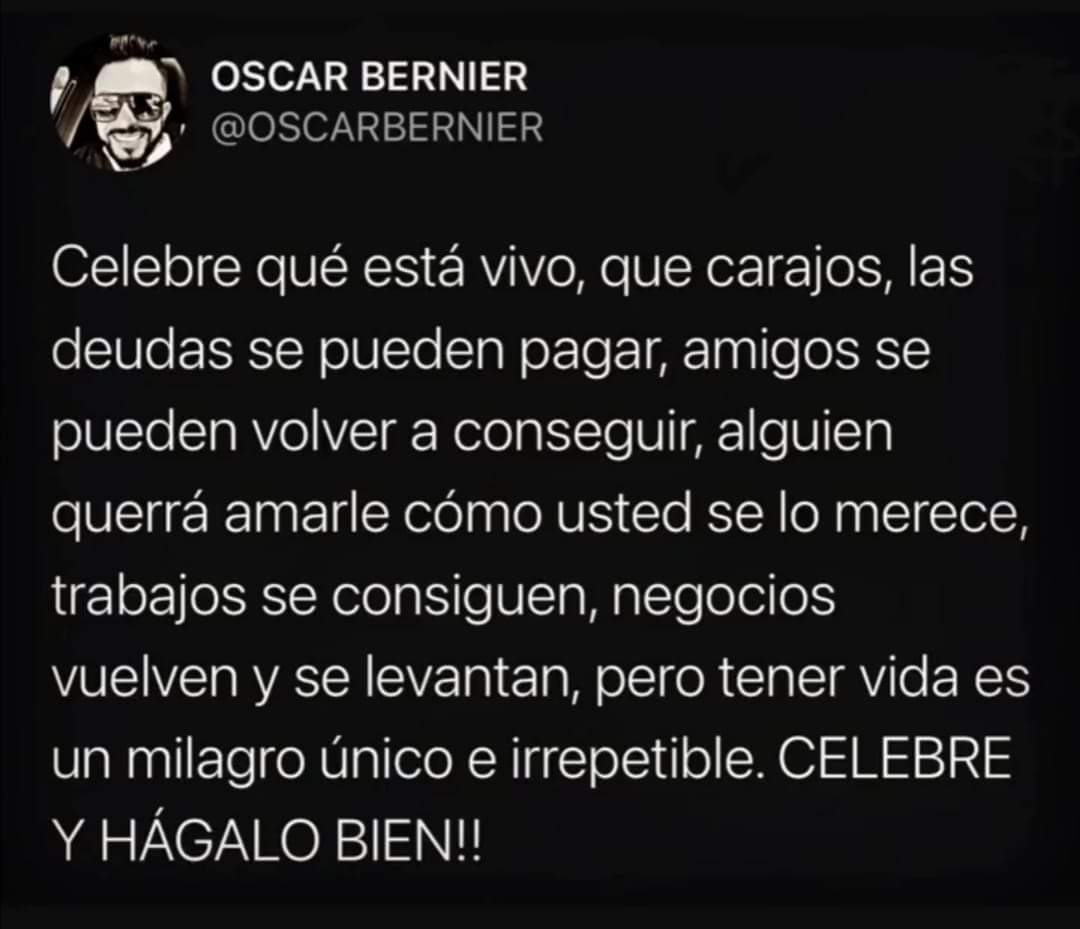 Buenos días compañeros ☀️

Llegamos a jueves, un día más de vida gracias a Dios.

Les dejo este bonito mensaje, vamos a celebrar la vida, todo tiene solución, menos la muerte decía mi abuelita. 💕